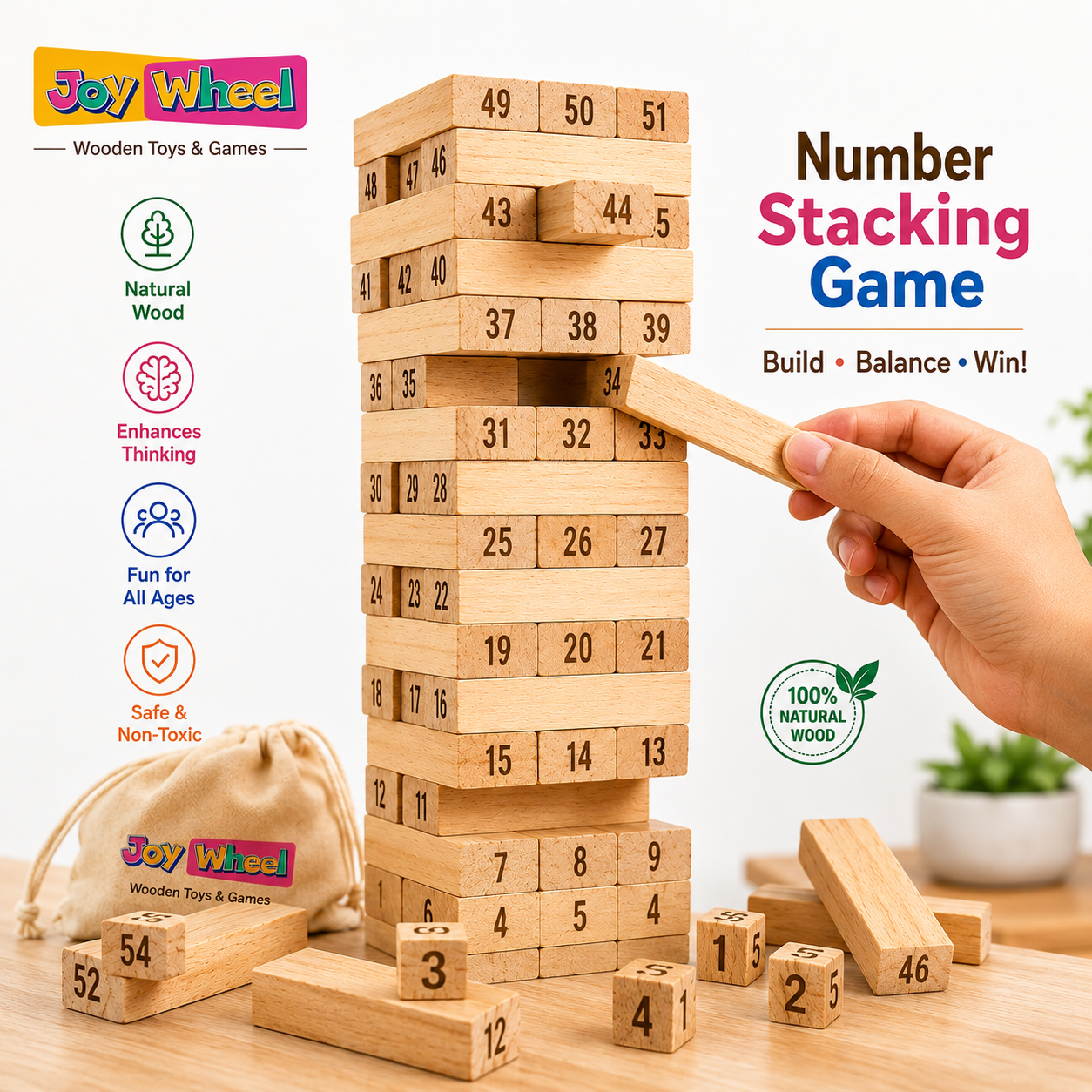 Joy Wheel Wording Tower Game – Educational Wooden Word Building & Stacking Game for Kids | 54 Numbered Wooden Blocks | Family Fun Learning Toy | Ages 6+