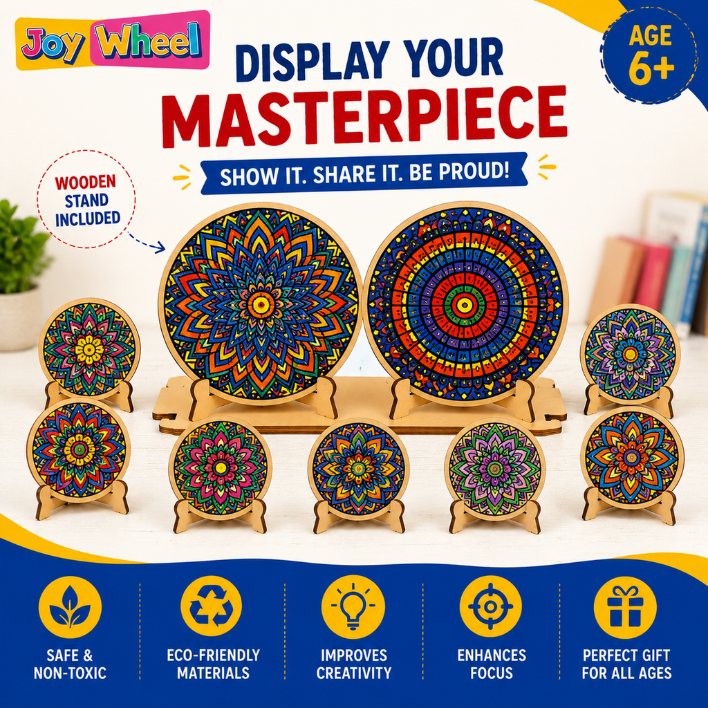 Joy Wheel Mandala Art Kit for Kids & Adults | DIY MDF Coaster Painting Set with 8 Mandala Coasters, 12 Colors, Brush, Palette & Wooden Display Stand