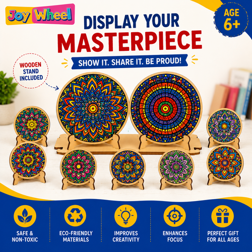 Joy Wheel Mandala Art Kit for Kids & Adults | DIY MDF Coaster Painting Set with 8 Mandala Coasters, 12 Colors, Brush, Palette & Wooden Display Stand