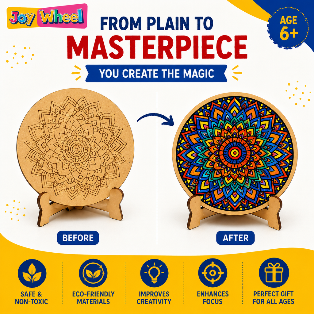 Joy Wheel Mandala Art Kit for Kids & Adults | DIY MDF Coaster Painting Set with 8 Mandala Coasters, 12 Colors, Brush, Palette & Wooden Display Stand