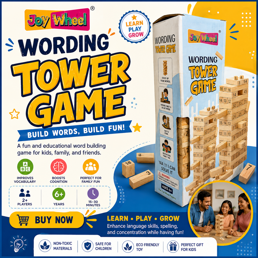 Joy Wheel Wording Tower Game – Educational Wooden Word Building & Stacking Game for Kids | 54 Numbered Wooden Blocks | Family Fun Learning Toy | Ages 6+