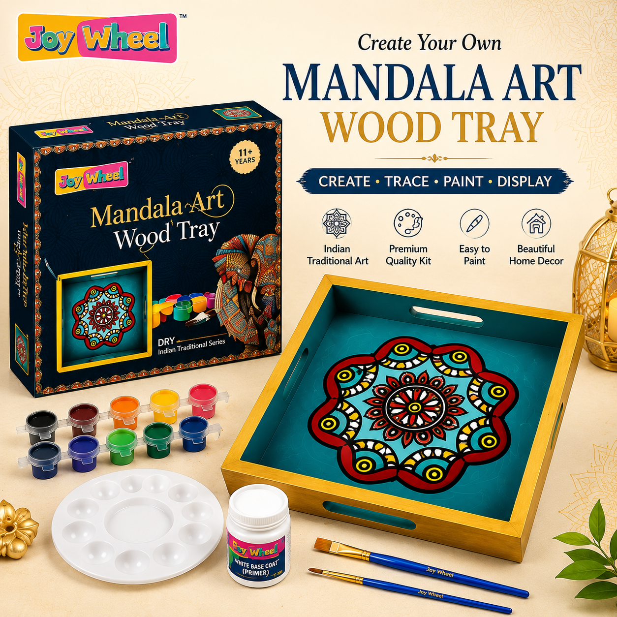 JOY WHEEL Mandala Art Wood Painting Tray Kit for Kids & Adults | DIY Wooden Tray Painting Set | Creative Craft & Art Activity