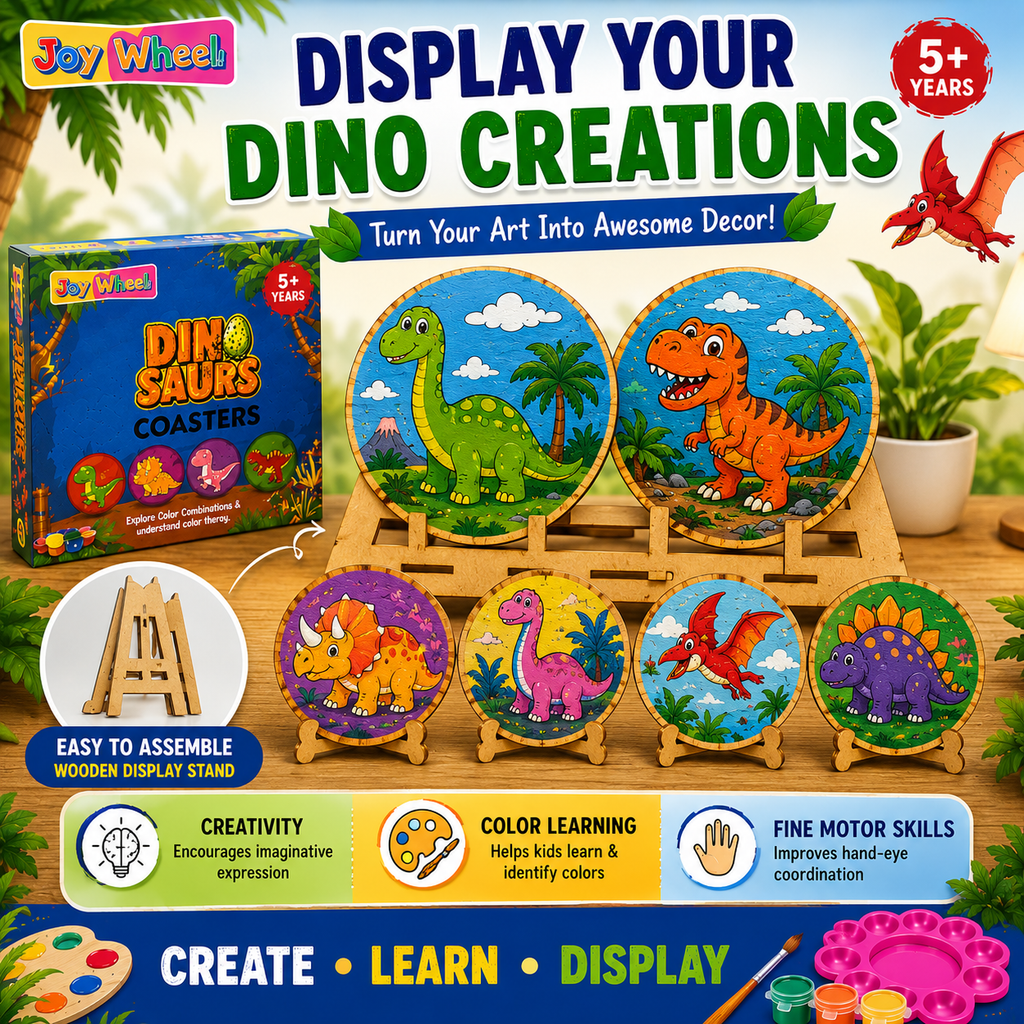 JOY WHEEL Dinosaur Coaster Painting Kit for Kids | DIY Dino Art & Craft Coaster Set with Paints & Brush