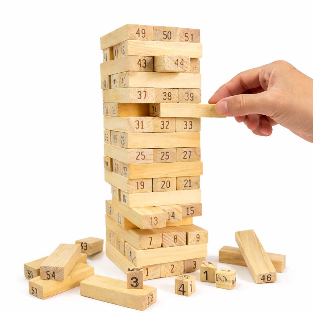 Joy Wheel Wording Tower Game – Educational Wooden Word Building & Stacking Game for Kids | 54 Numbered Wooden Blocks | Family Fun Learning Toy | Ages 6+