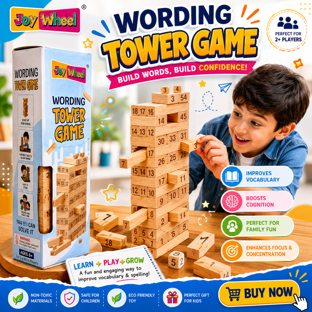 Joy Wheel Wording Tower Game – Educational Wooden Word Building & Stacking Game for Kids | 54 Numbered Wooden Blocks | Family Fun Learning Toy | Ages 6+