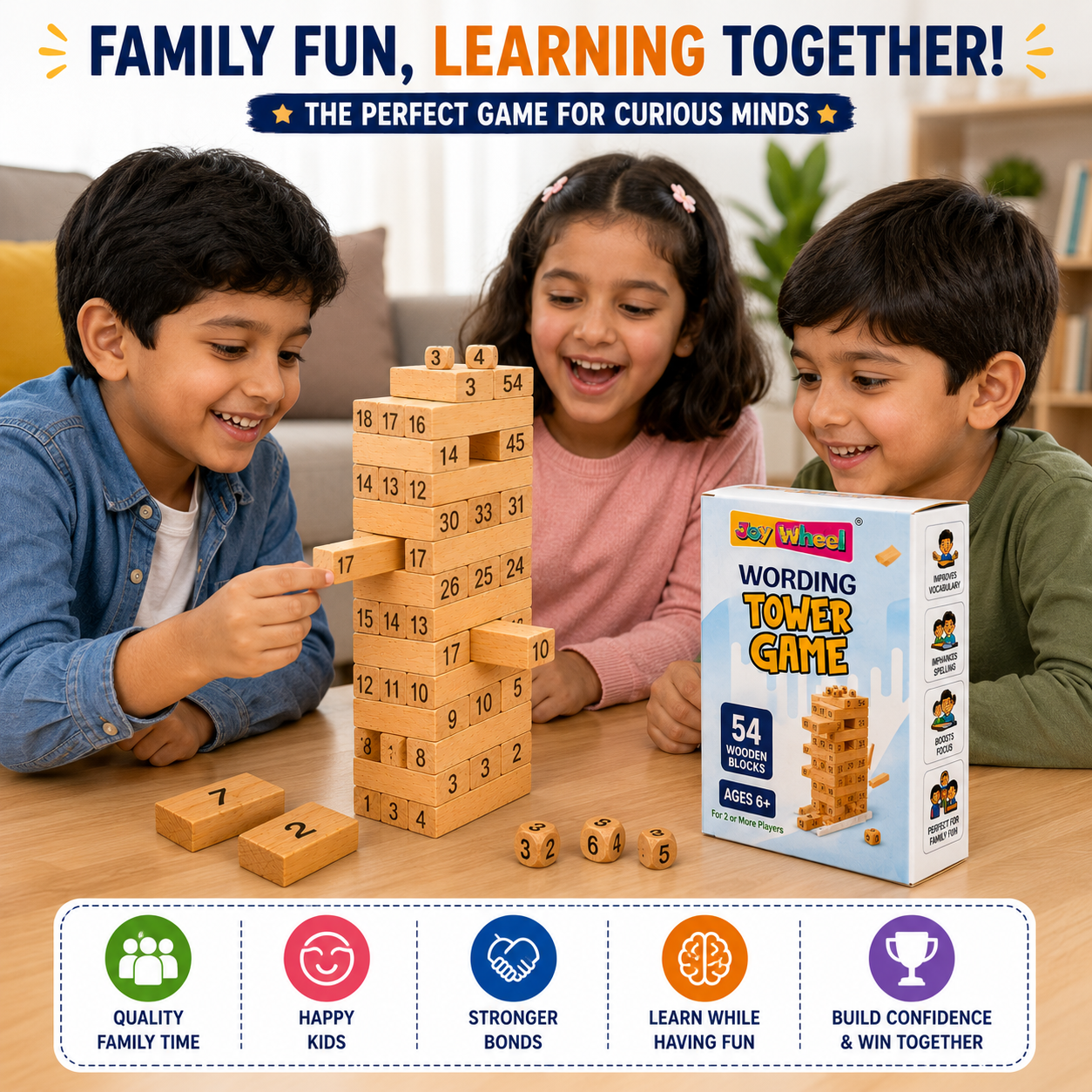 Joy Wheel Wording Tower Game – Educational Wooden Word Building & Stacking Game for Kids | 54 Numbered Wooden Blocks | Family Fun Learning Toy | Ages 6+