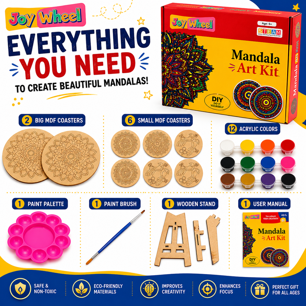 Joy Wheel Mandala Art Kit for Kids & Adults | DIY MDF Coaster Painting Set with 8 Mandala Coasters, 12 Colors, Brush, Palette & Wooden Display Stand