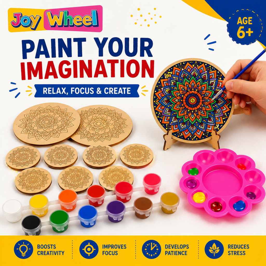 Joy Wheel Mandala Art Kit for Kids & Adults | DIY MDF Coaster Painting Set with 8 Mandala Coasters, 12 Colors, Brush, Palette & Wooden Display Stand