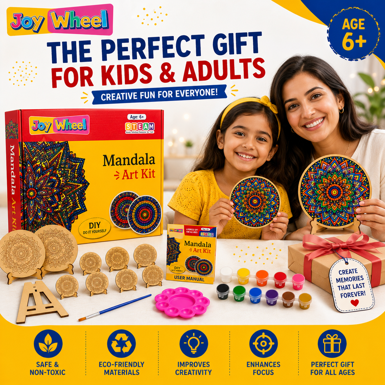 Joy Wheel Mandala Art Kit for Kids & Adults | DIY MDF Coaster Painting Set with 8 Mandala Coasters, 12 Colors, Brush, Palette & Wooden Display Stand