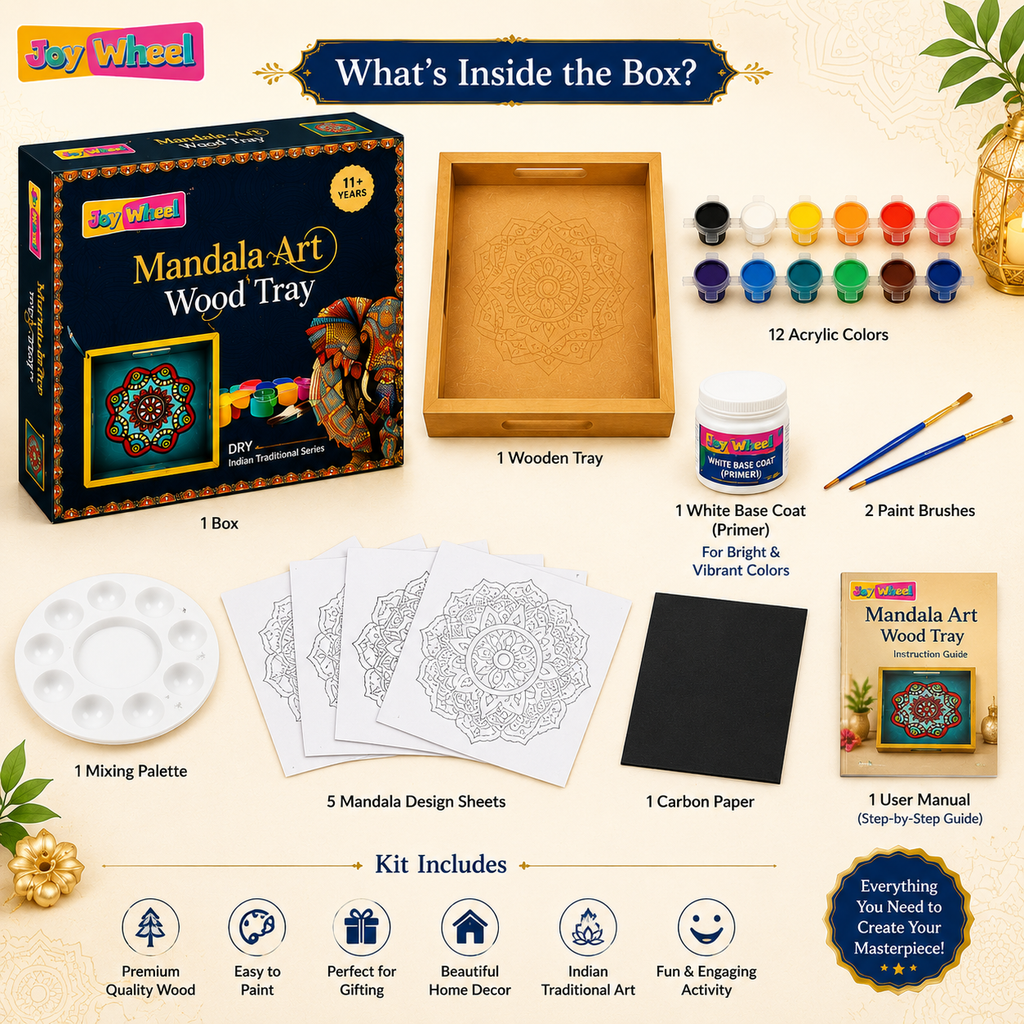 JOY WHEEL Mandala Art Wood Painting Tray Kit for Kids & Adults | DIY Wooden Tray Painting Set | Creative Craft & Art Activity