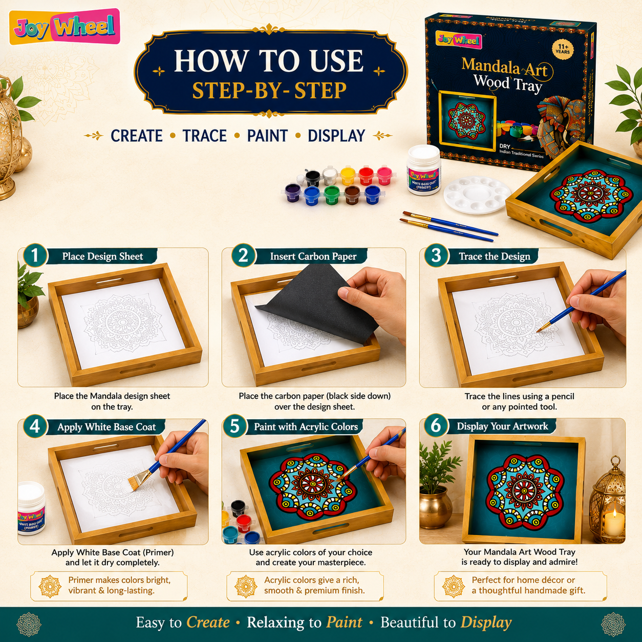 JOY WHEEL Mandala Art Wood Painting Tray Kit for Kids & Adults | DIY Wooden Tray Painting Set | Creative Craft & Art Activity
