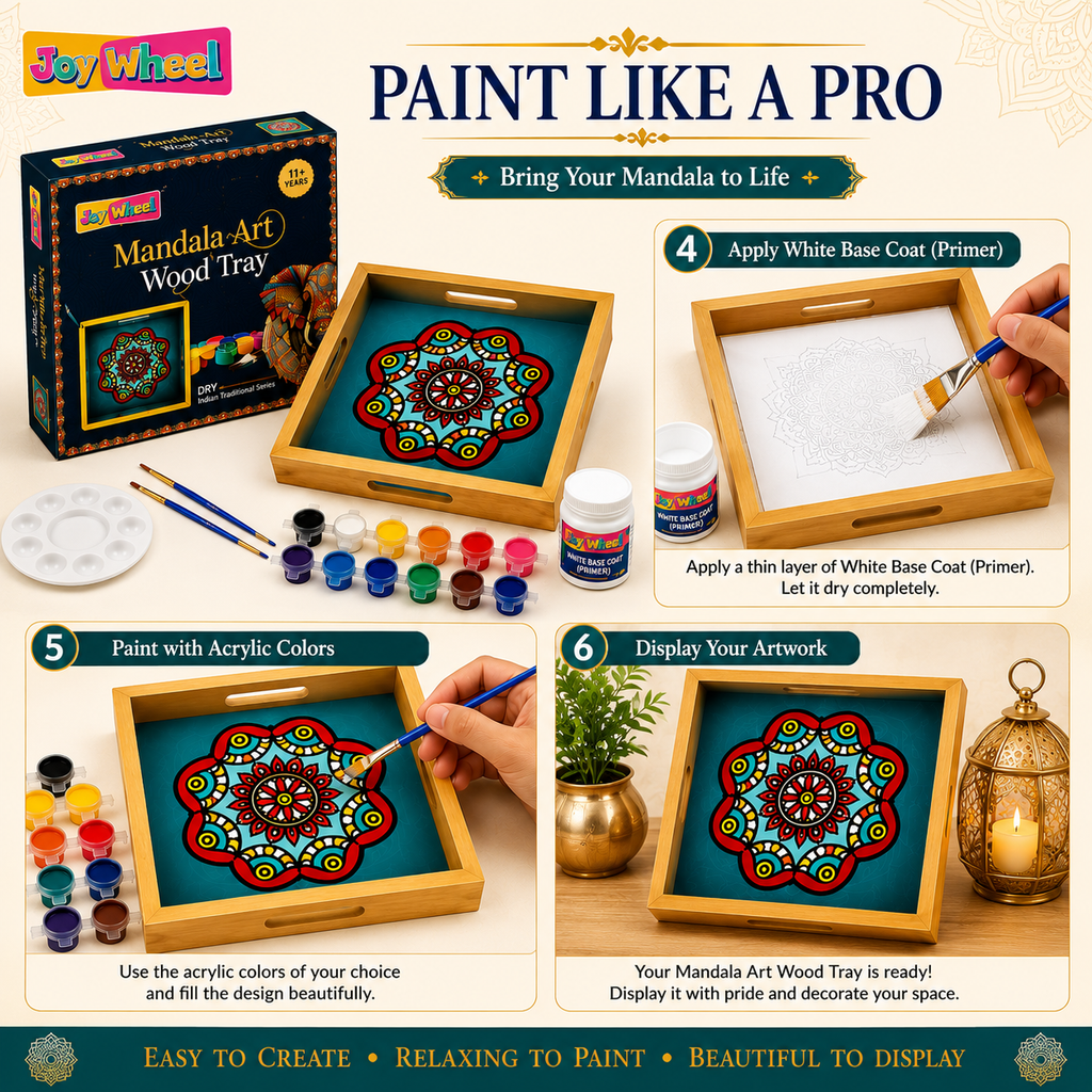 JOY WHEEL Mandala Art Wood Painting Tray Kit for Kids & Adults | DIY Wooden Tray Painting Set | Creative Craft & Art Activity