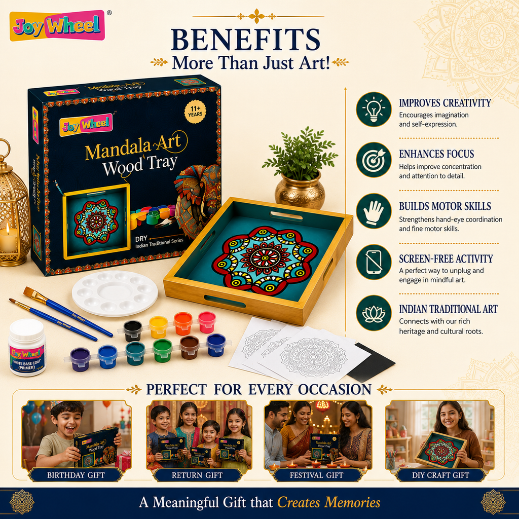 JOY WHEEL Mandala Art Wood Painting Tray Kit for Kids & Adults | DIY Wooden Tray Painting Set | Creative Craft & Art Activity