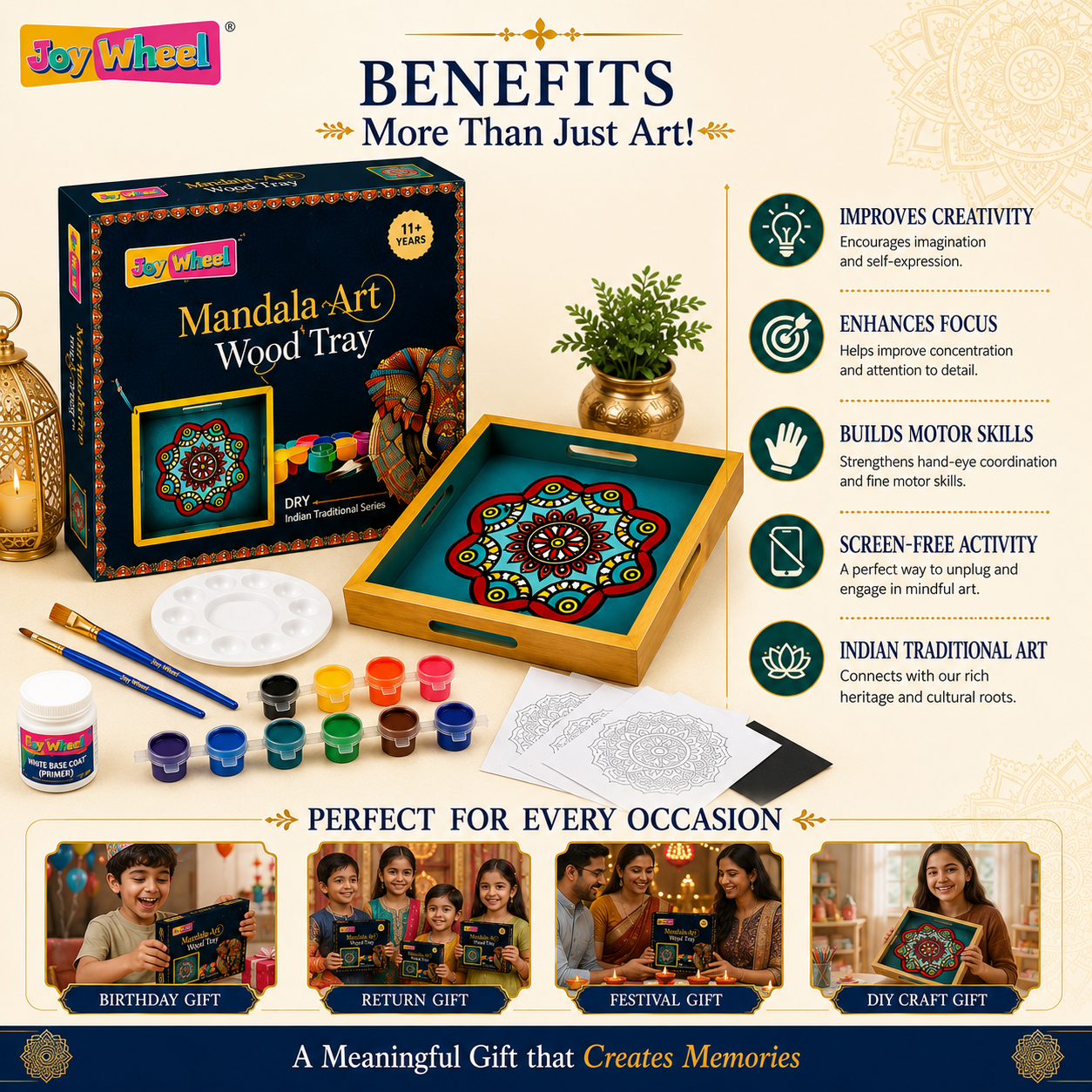 JOY WHEEL Mandala Art Wood Painting Tray Kit for Kids & Adults | DIY Wooden Tray Painting Set | Creative Craft & Art Activity