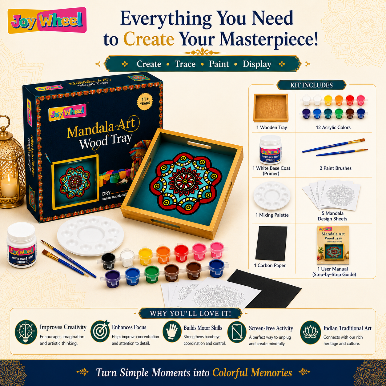 JOY WHEEL Mandala Art Wood Painting Tray Kit for Kids & Adults | DIY Wooden Tray Painting Set | Creative Craft & Art Activity