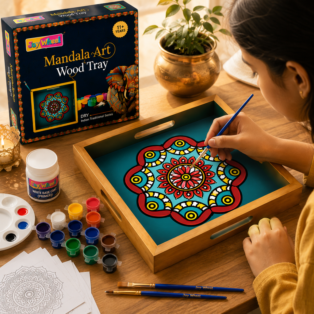 JOY WHEEL Mandala Art Wood Painting Tray Kit for Kids & Adults | DIY Wooden Tray Painting Set | Creative Craft & Art Activity