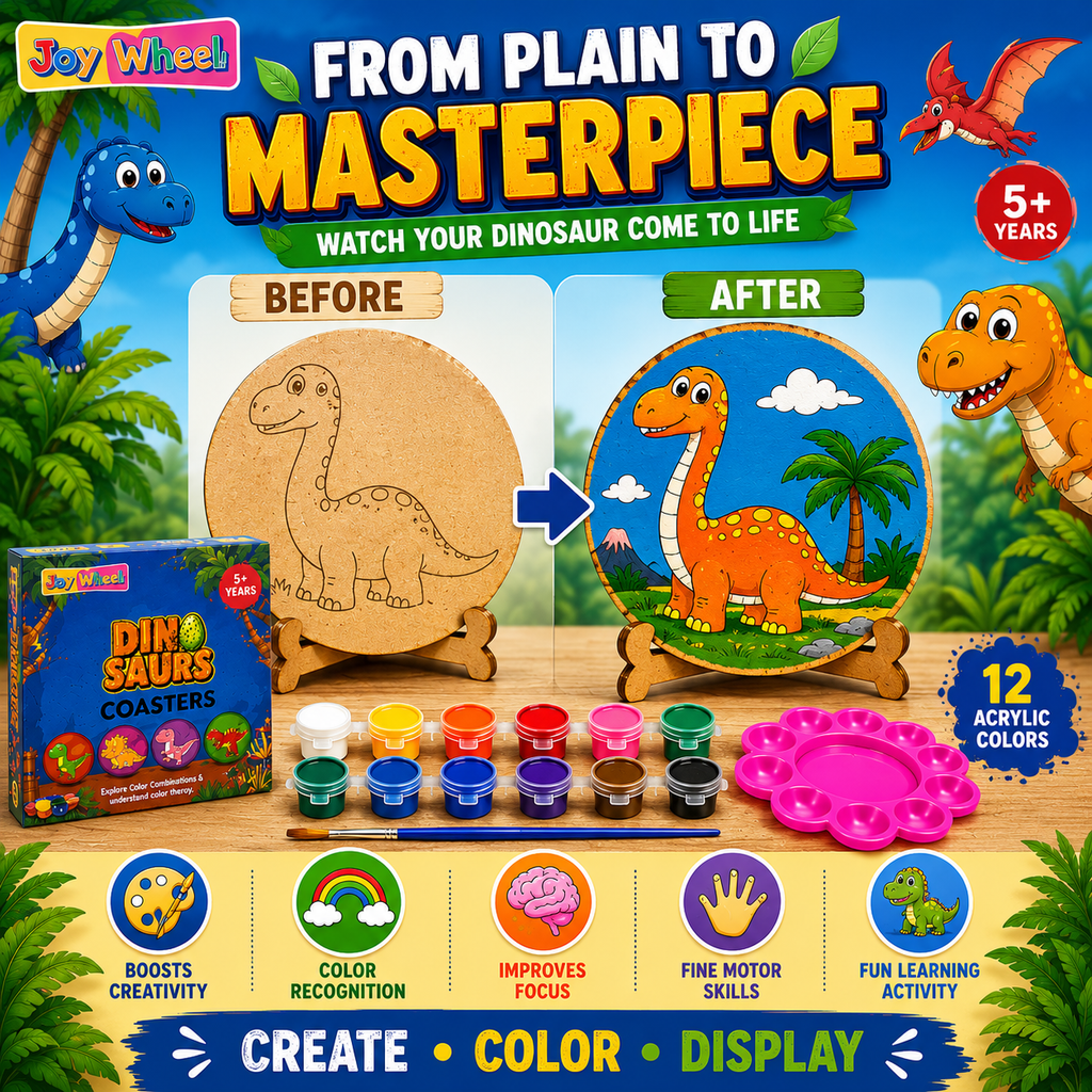 JOY WHEEL Dinosaur Coaster Painting Kit for Kids | DIY Dino Art & Craft Coaster Set with Paints & Brush