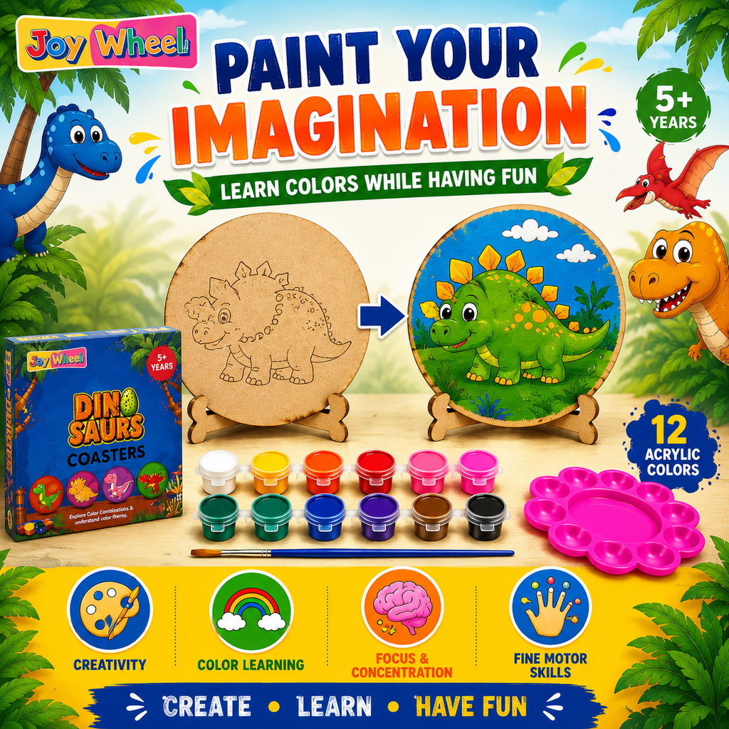 JOY WHEEL Dinosaur Coaster Painting Kit for Kids | DIY Dino Art & Craft Coaster Set with Paints & Brush