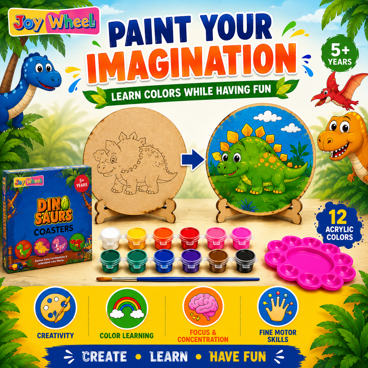 JOY WHEEL Dinosaur Coaster Painting Kit for Kids | DIY Dino Art & Craft Coaster Set with Paints & Brush