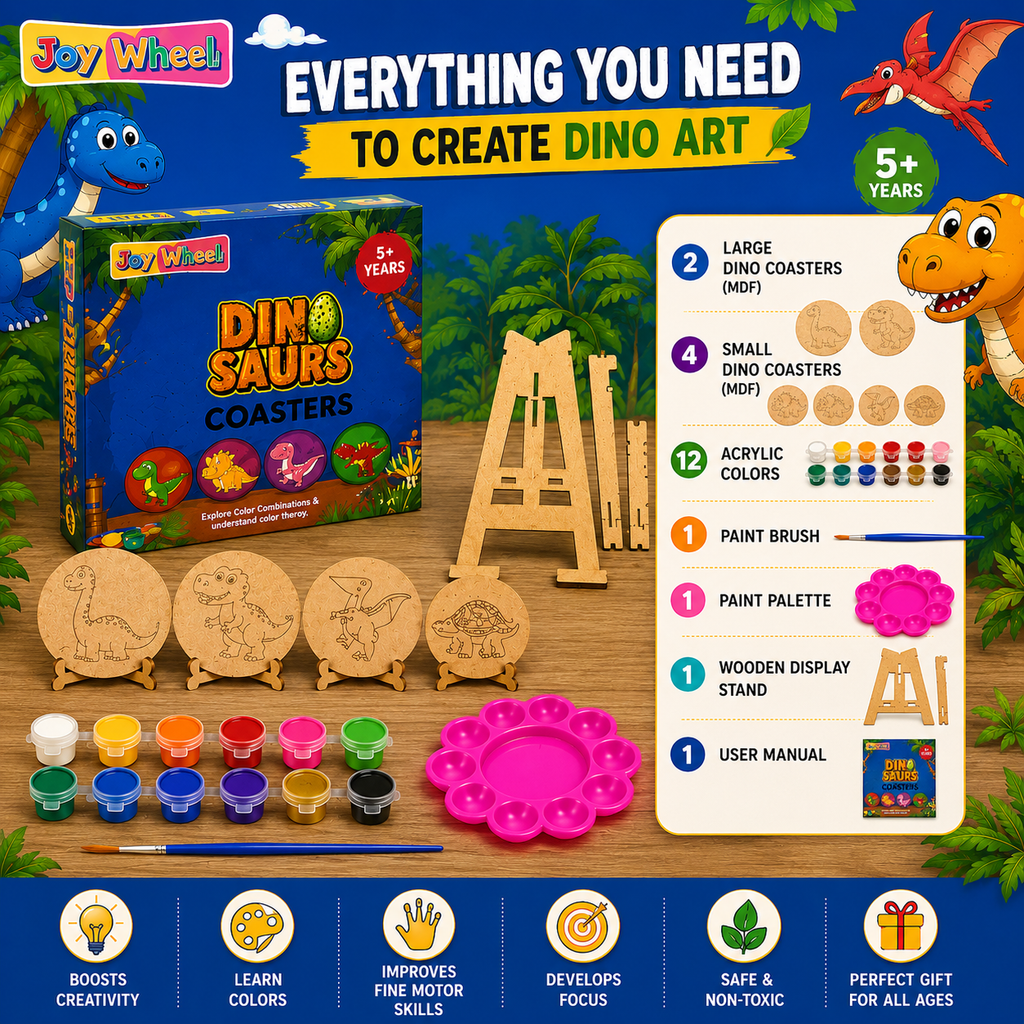 JOY WHEEL Dinosaur Coaster Painting Kit for Kids | DIY Dino Art & Craft Coaster Set with Paints & Brush