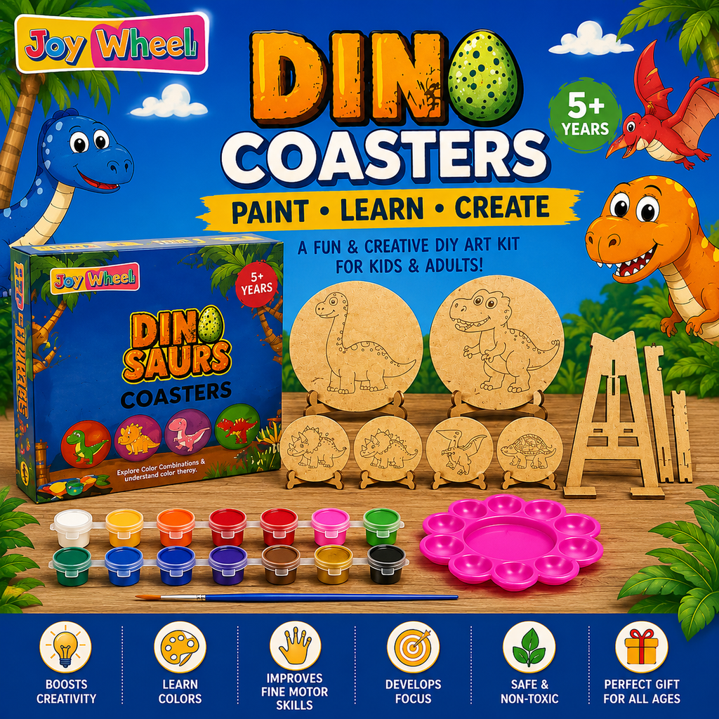JOY WHEEL Dinosaur Coaster Painting Kit for Kids | DIY Dino Art & Craft Coaster Set with Paints & Brush