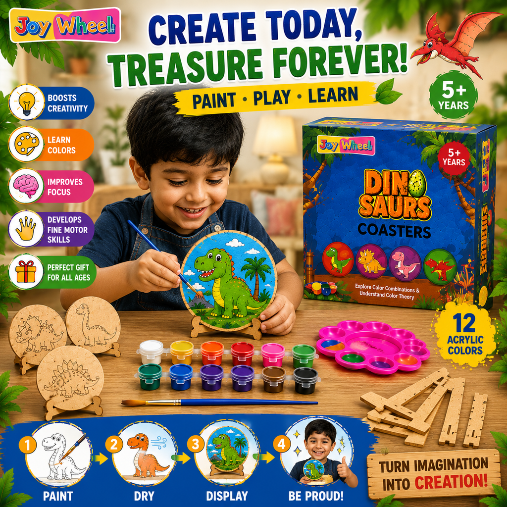 JOY WHEEL Dinosaur Coaster Painting Kit for Kids | DIY Dino Art & Craft Coaster Set with Paints & Brush
