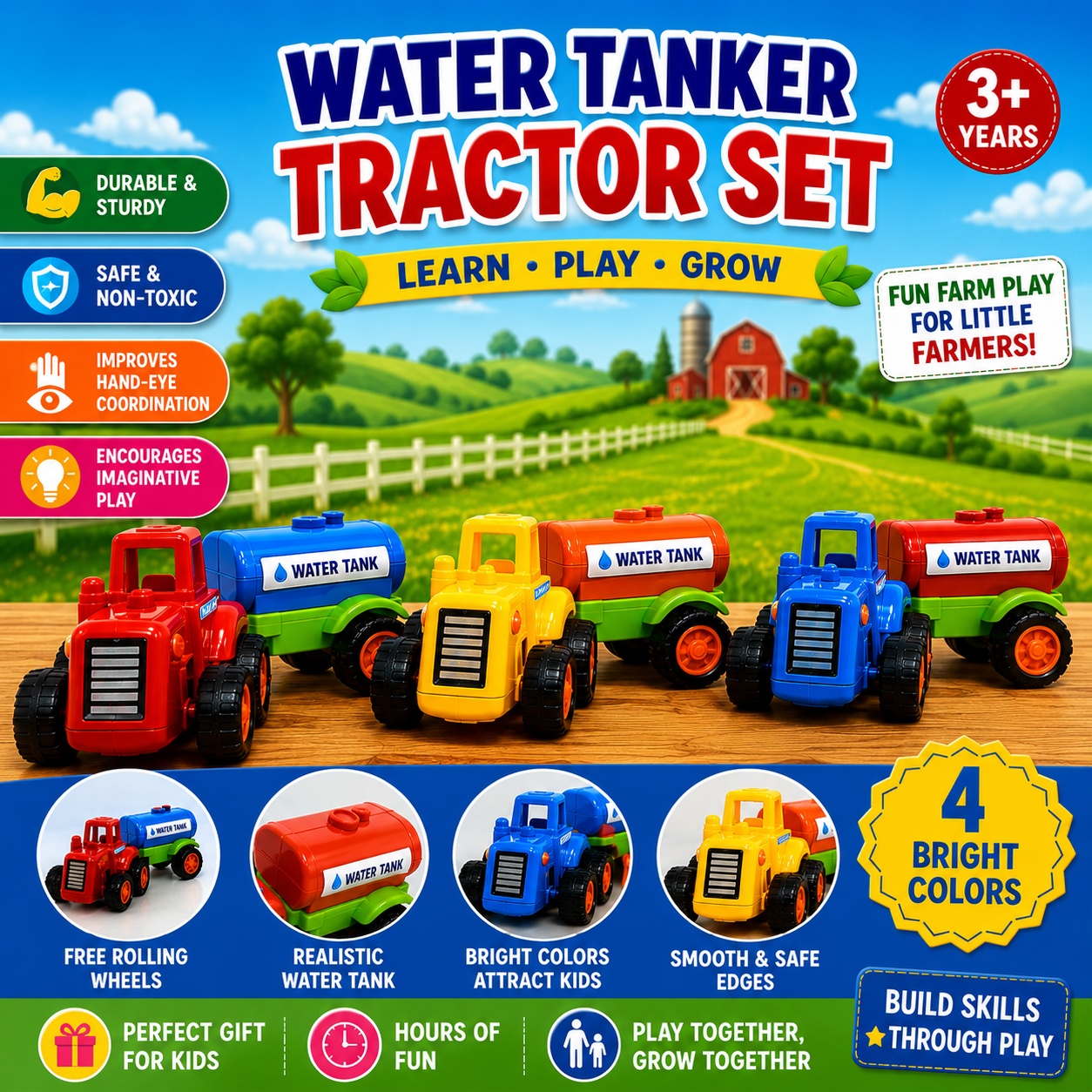 Joy Wheel Water Tanker Tractor Set for Kids | 4 Color Toy Tractor Collection | Free Rolling Farm Vehicle Toys | Safe & Durable Plastic Toy for Boys & Girls 3+ Years