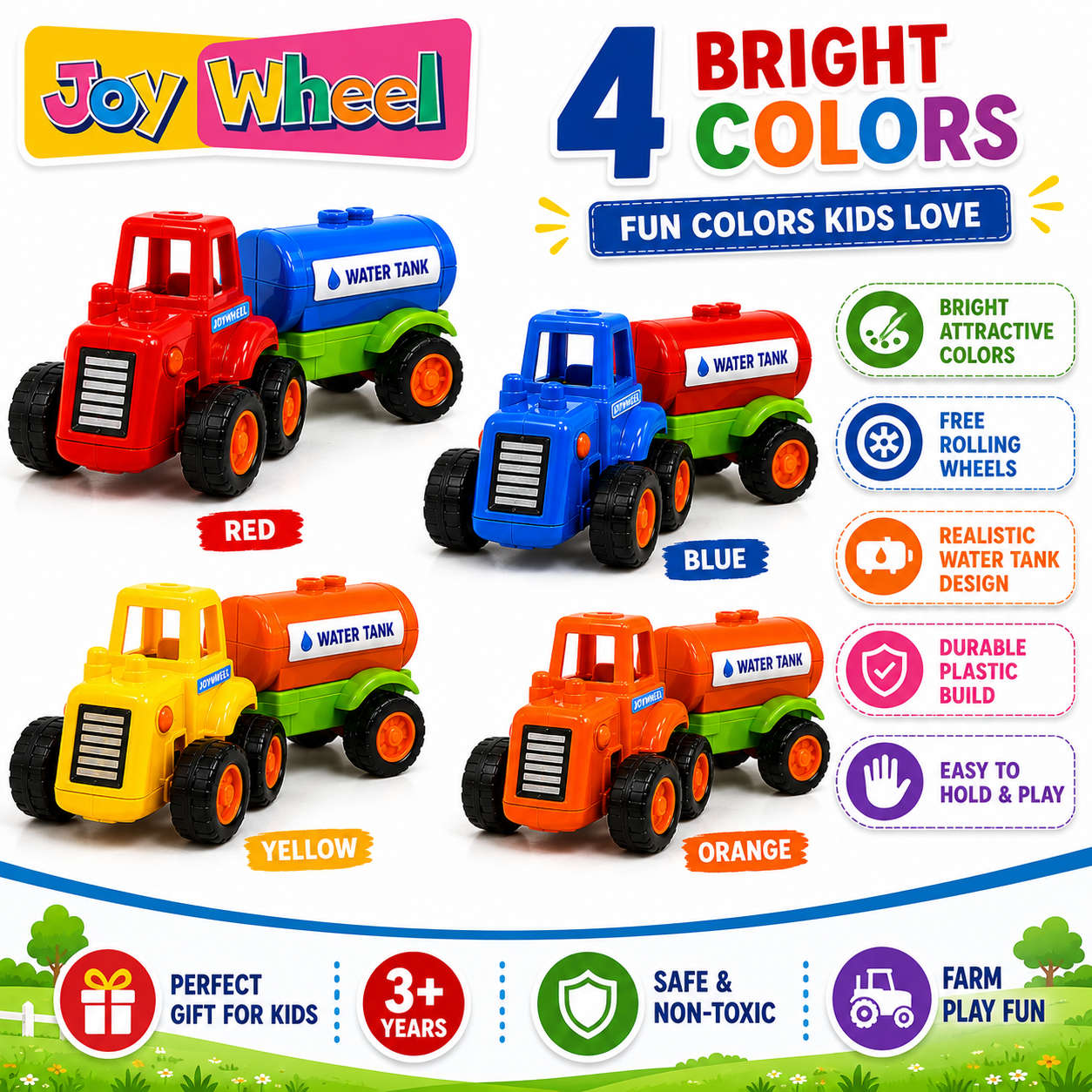Joy Wheel Water Tanker Tractor Set for Kids | 4 Color Toy Tractor Collection | Free Rolling Farm Vehicle Toys | Safe & Durable Plastic Toy for Boys & Girls 3+ Years
