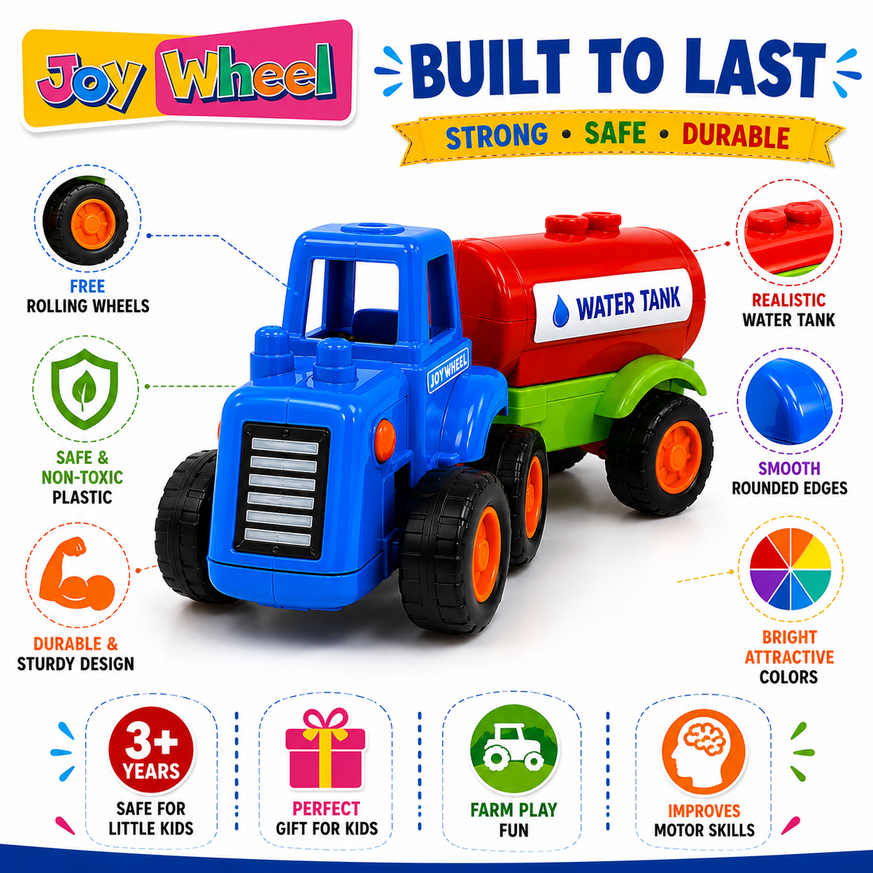 Joy Wheel Water Tanker Tractor Set for Kids | 4 Color Toy Tractor Collection | Free Rolling Farm Vehicle Toys | Safe & Durable Plastic Toy for Boys & Girls 3+ Years