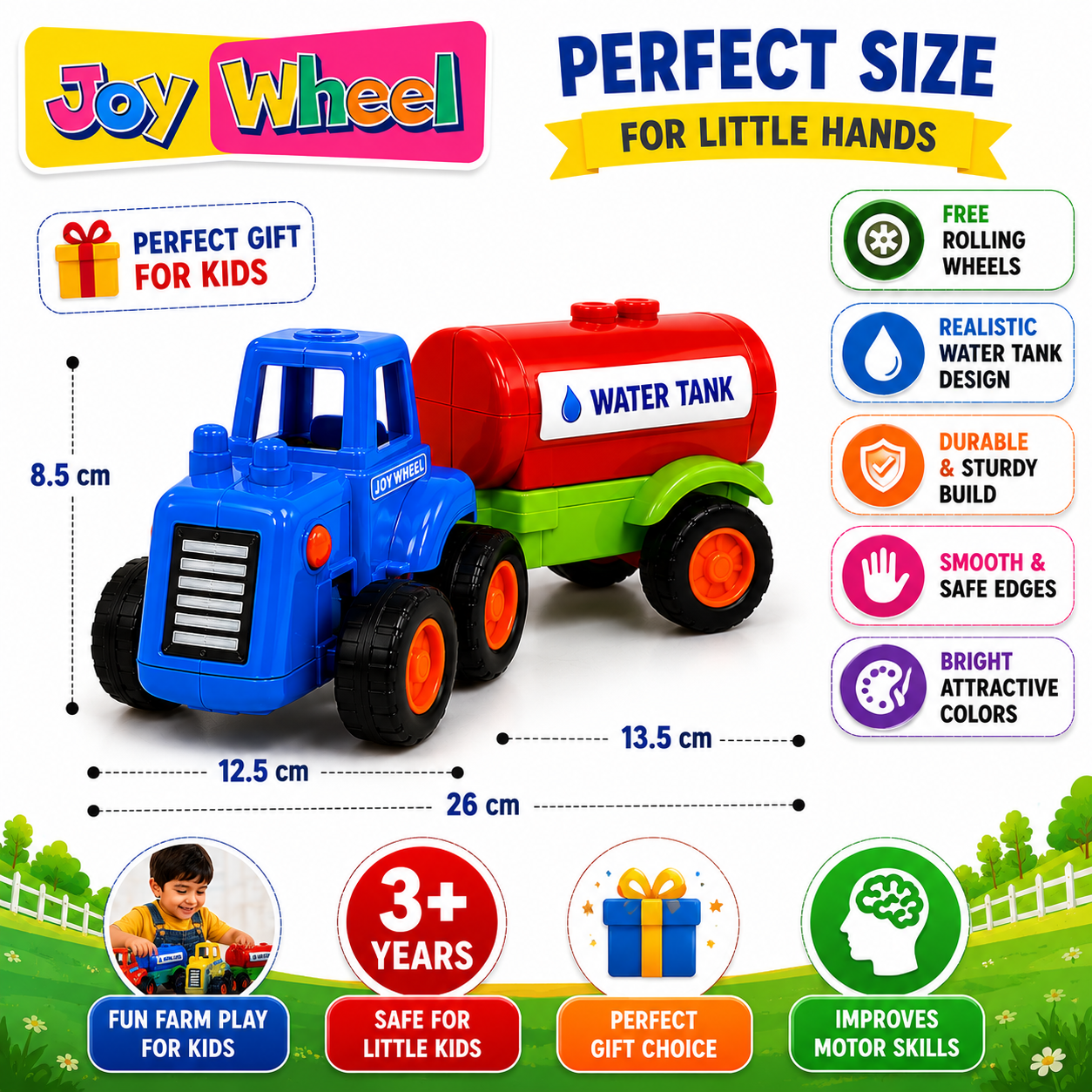 Joy Wheel Water Tanker Tractor Set for Kids | 4 Color Toy Tractor Collection | Free Rolling Farm Vehicle Toys | Safe & Durable Plastic Toy for Boys & Girls 3+ Years