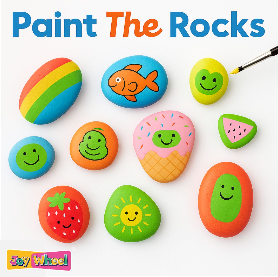 Create colorful stone art with the JOY WHEEL My Rock Painting Kit. Includes natural rocks, paints, brush, and googly eyes. Perfect DIY craft activity for kids, gifting, learning, and creative play.