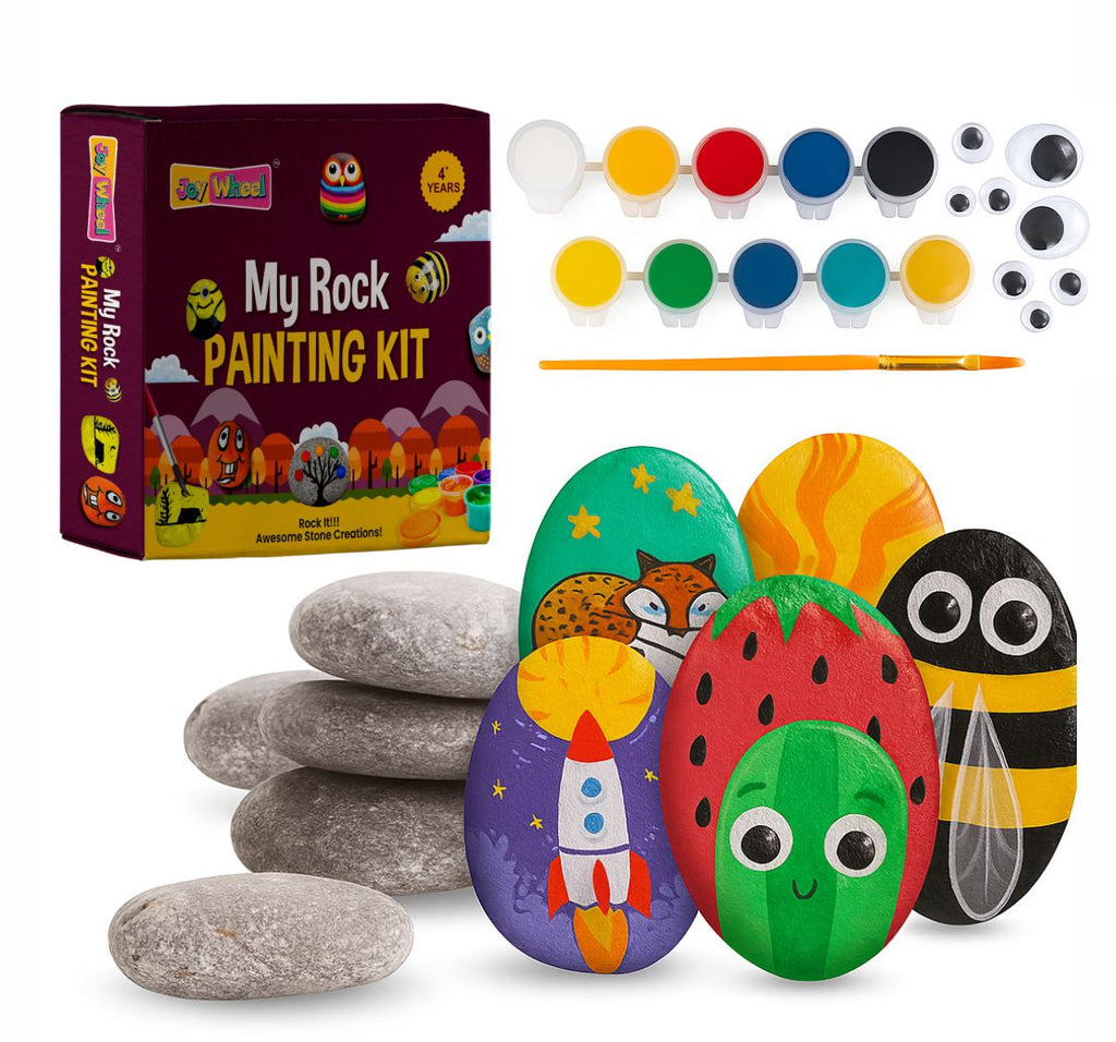 Create colorful stone art with the JOY WHEEL My Rock Painting Kit. Includes natural rocks, paints, brush, and googly eyes. Perfect DIY craft activity for kids, gifting, learning, and creative play.