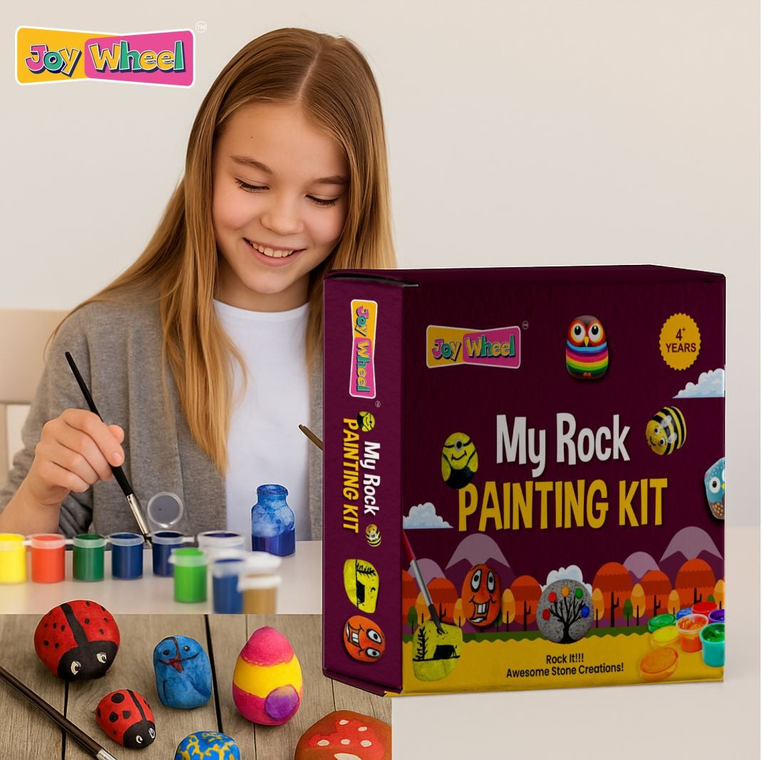 Create colorful stone art with the JOY WHEEL My Rock Painting Kit. Includes natural rocks, paints, brush, and googly eyes. Perfect DIY craft activity for kids, gifting, learning, and creative play.