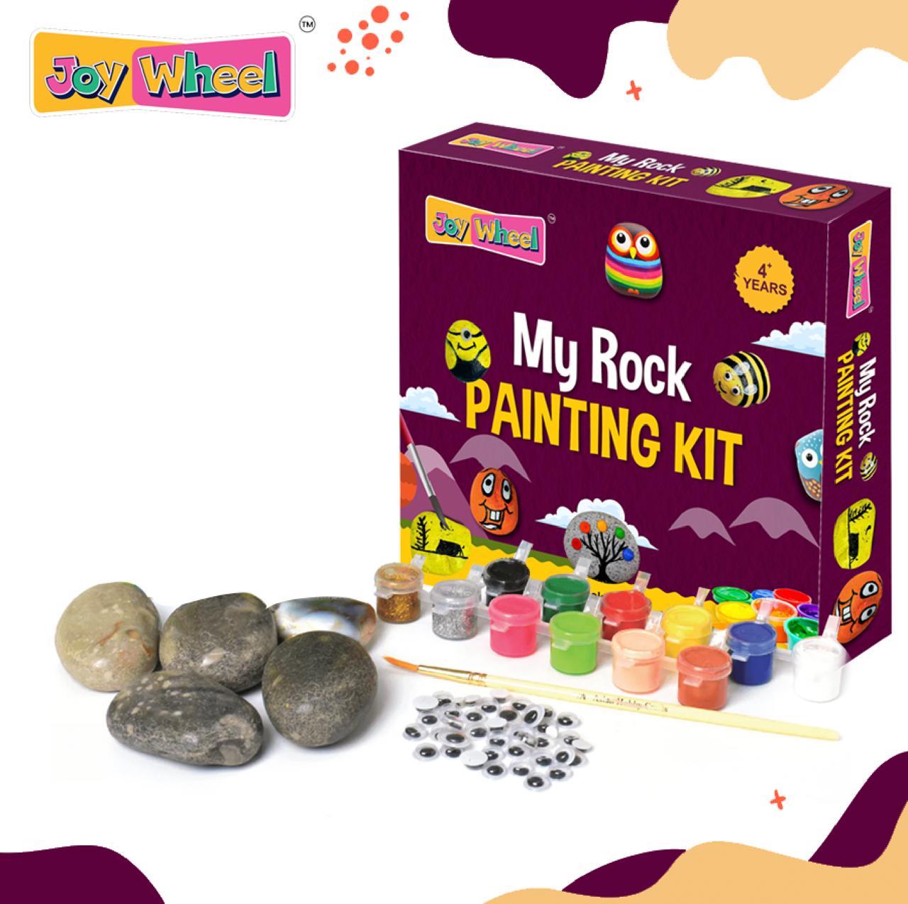 Create colorful stone art with the JOY WHEEL My Rock Painting Kit. Includes natural rocks, paints, brush, and googly eyes. Perfect DIY craft activity for kids, gifting, learning, and creative play.