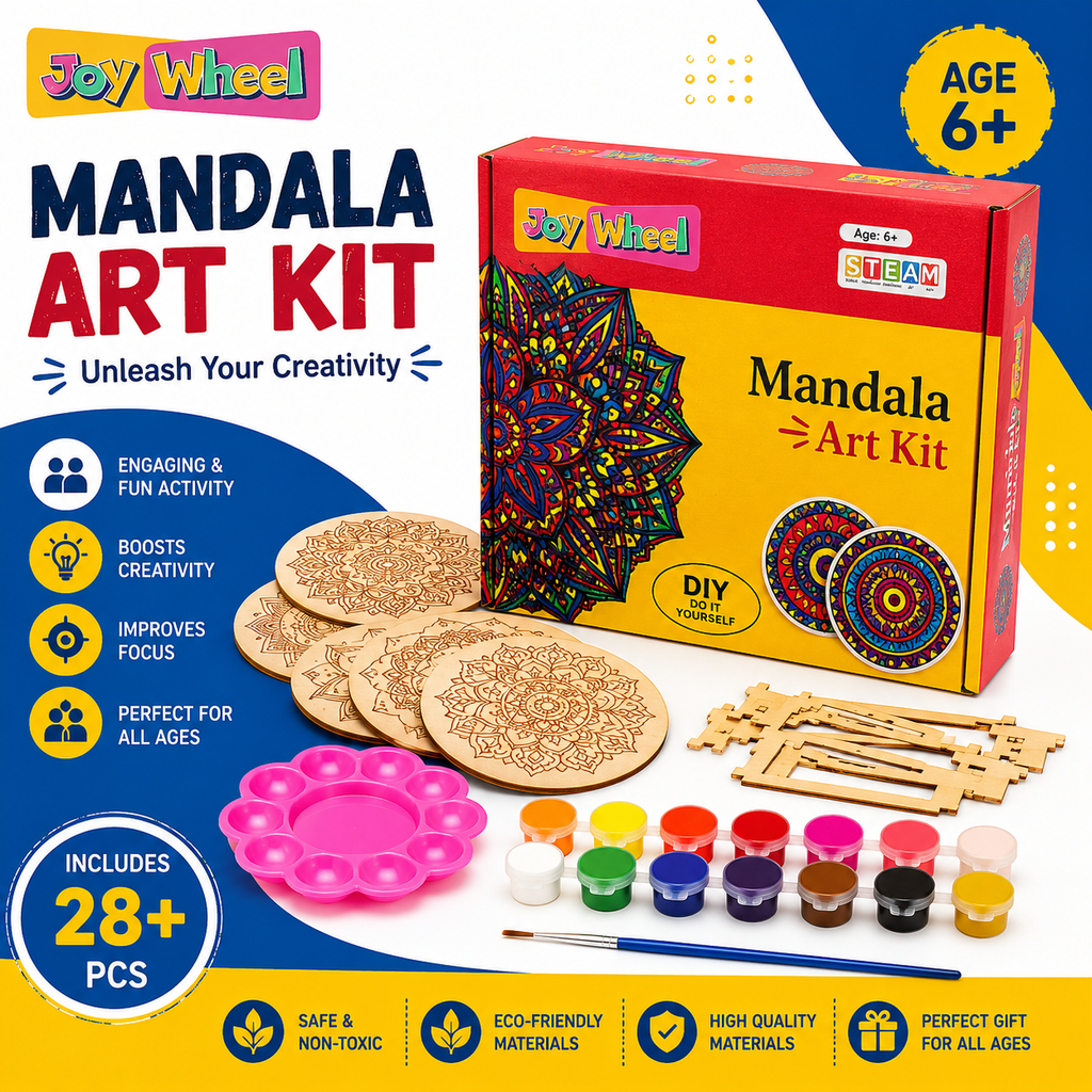 Joy Wheel Mandala Art Kit for Kids & Adults | DIY MDF Coaster Painting Set with 8 Mandala Coasters, 12 Colors, Brush, Palette & Wooden Display Stand
