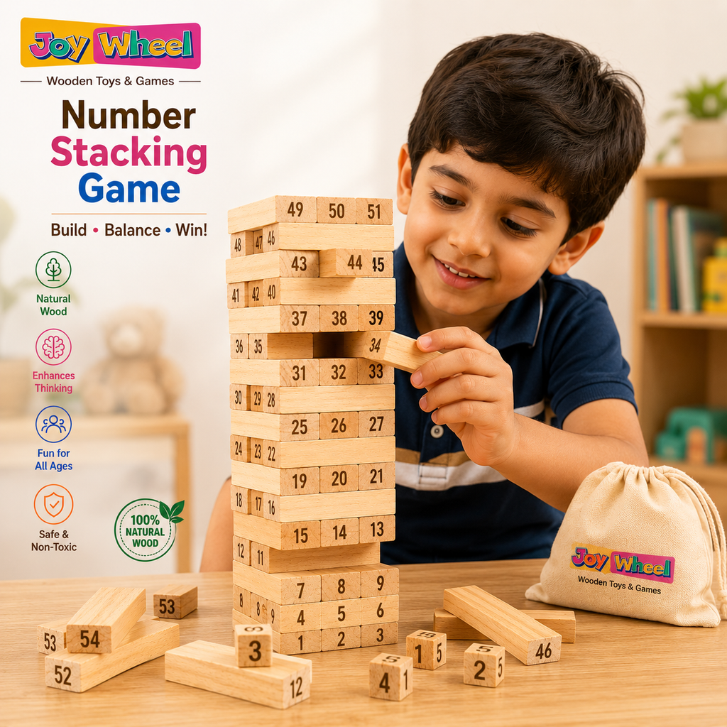 Joy Wheel Wording Tower Game – Educational Wooden Word Building & Stacking Game for Kids | 54 Numbered Wooden Blocks | Family Fun Learning Toy | Ages 6+