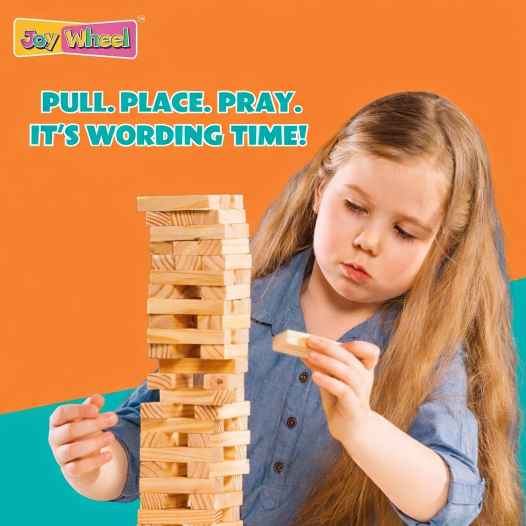 Child playing with a wooden block game against an orange background with text 'Pull. Place.